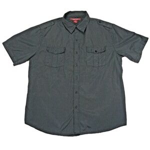 Montage Mens XL Short Sleeve Button Up Shirt Black Pinstripe Epaulets Military